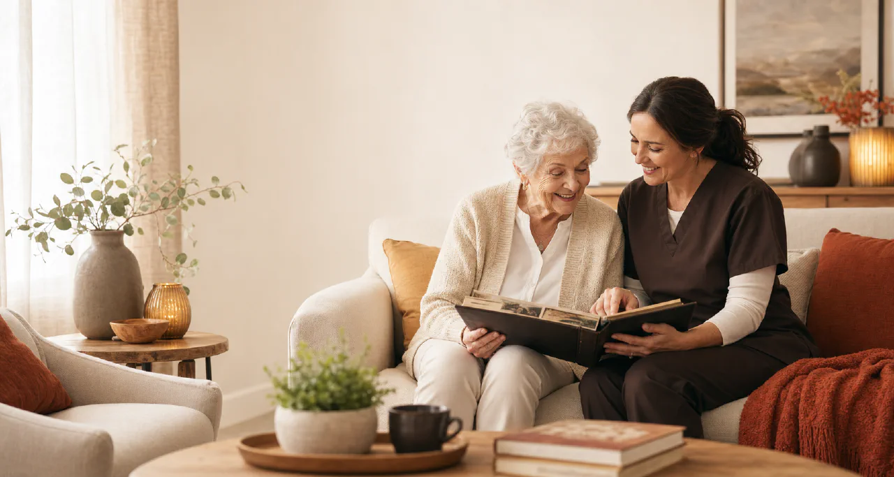 A HearthKeeper caregiver and a senior looking through a photo album together at home
