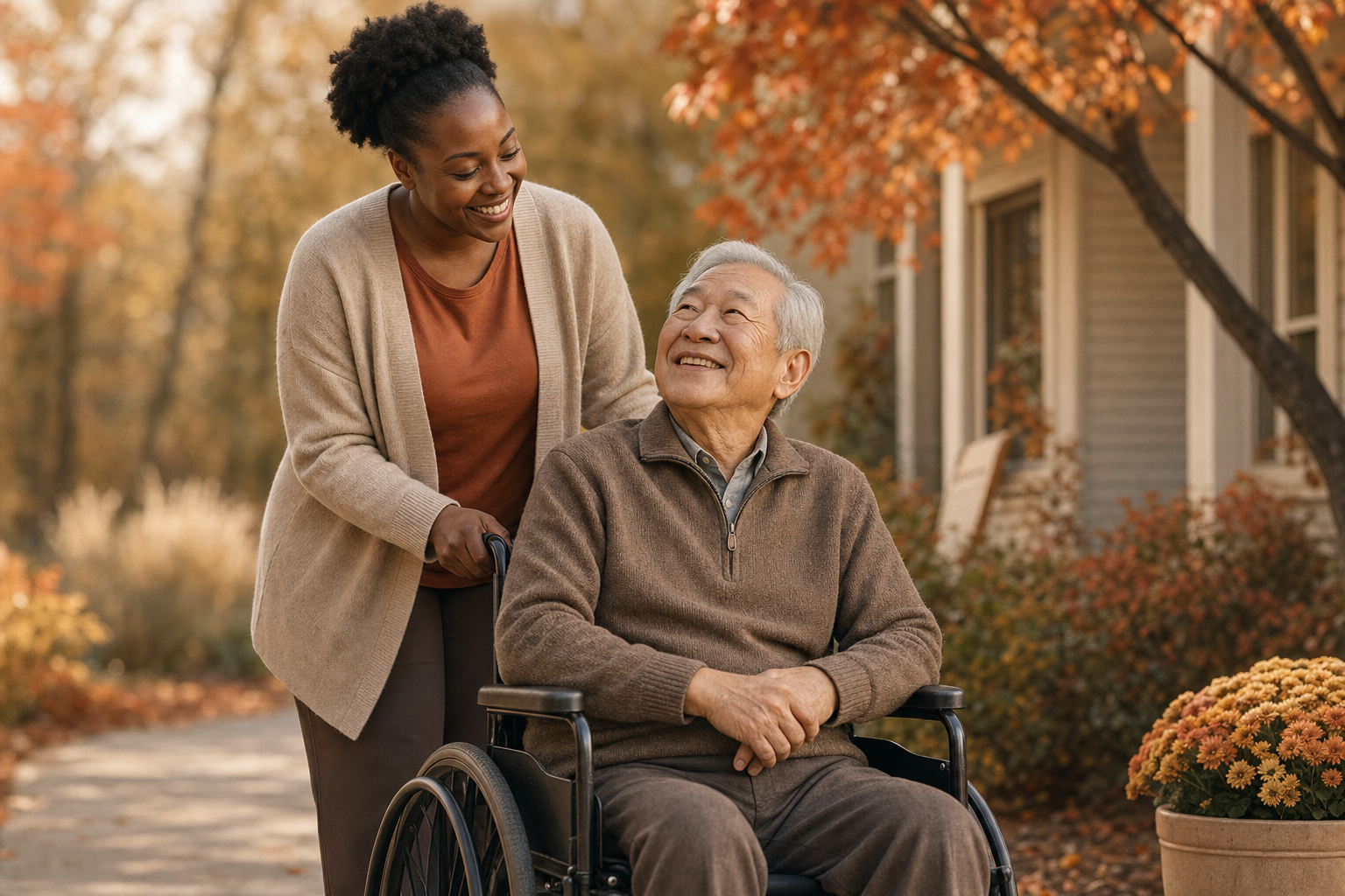 A caregiver and a senior enjoying an autumn walk outdoors