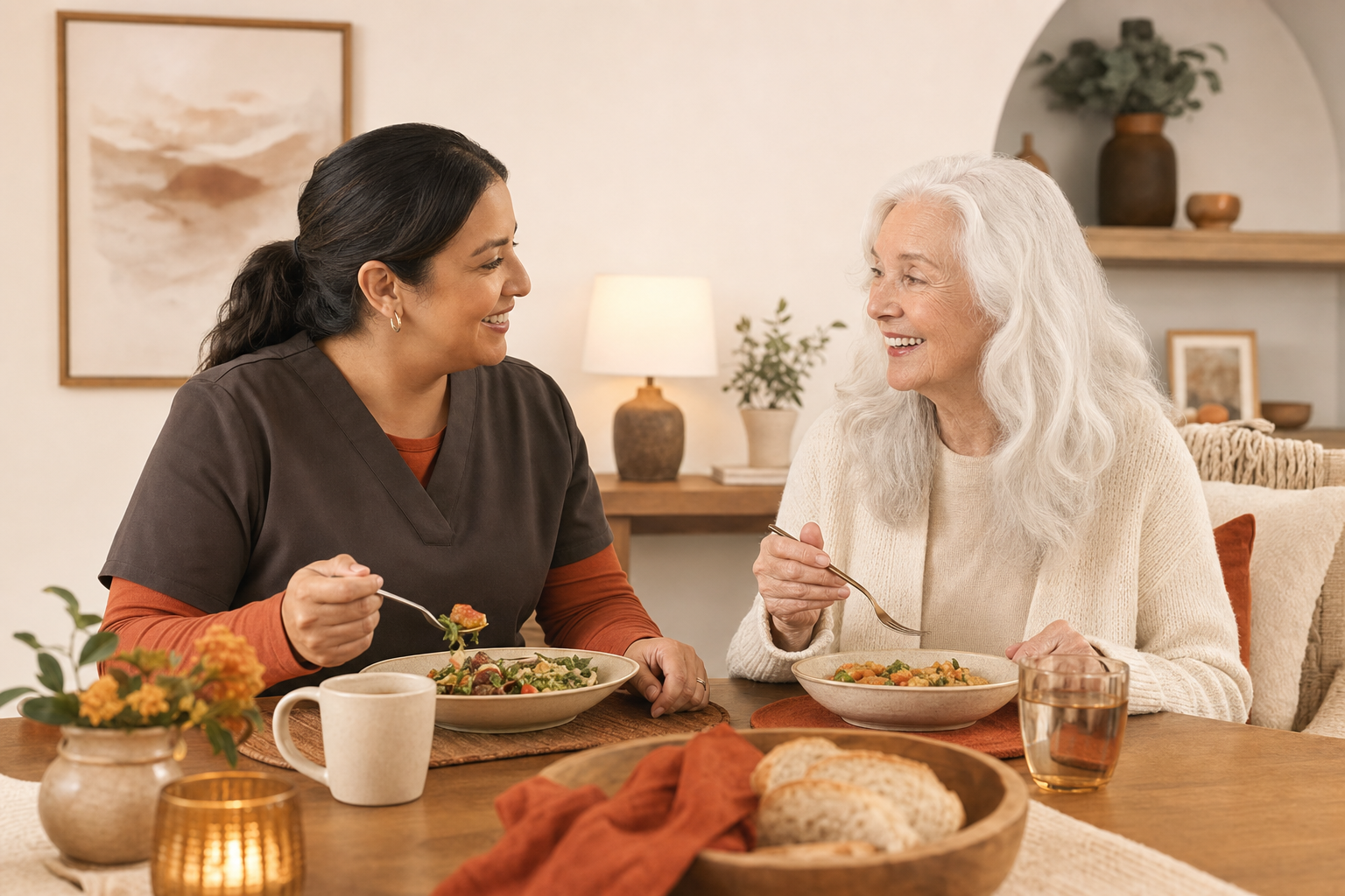 A caregiver and a senior sharing a meal together at home