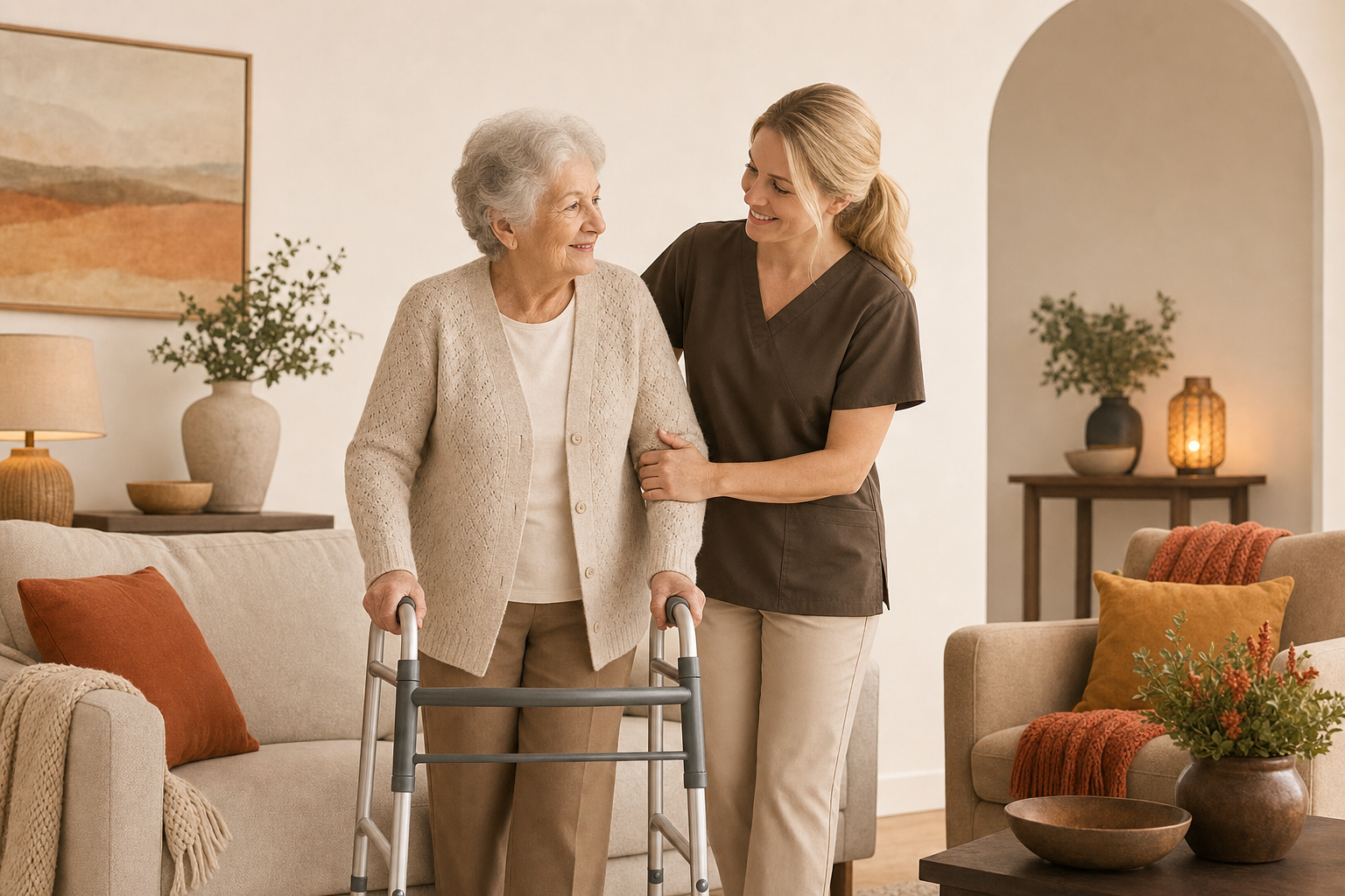 A caregiver supporting a smiling senior as she walks at home